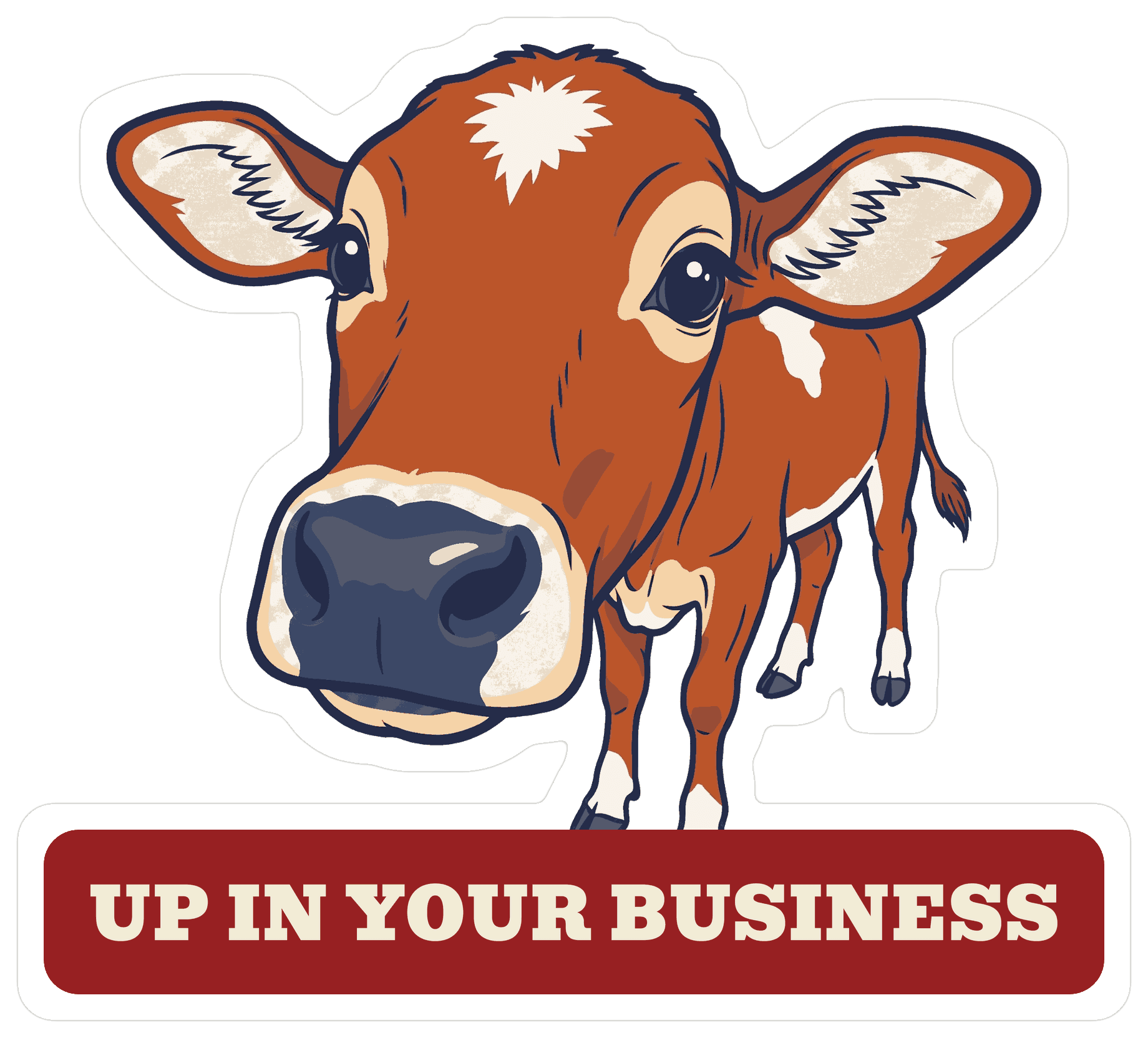 Weatherproof kiss-cut sticker of cartoon Jack the mini zebu.