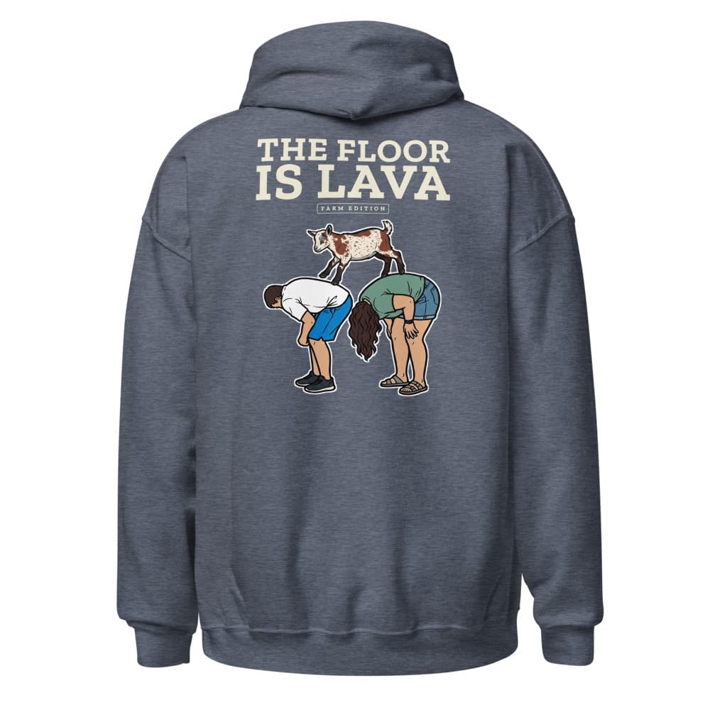 Hoodie with a small left-chest badge and a back print of Cannoli the goat mid-leap in a floor-is-lava scene. Shown in Heather Sport Dark Navy. โ Back.